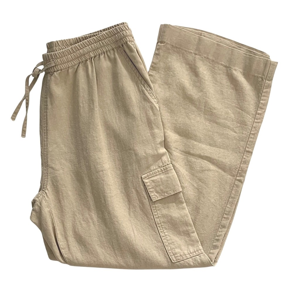Love Tree Women Crop Cargo Pants Size L Tan Linen Blend Wide Leg Elastic Waist